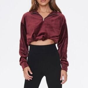 Burgundy velvet quarter zip hoodie